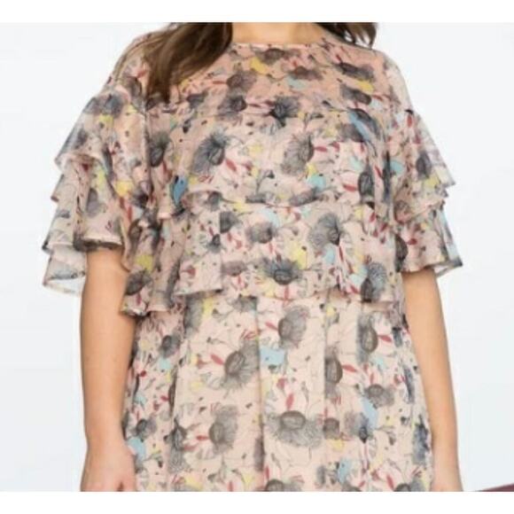 ELOQUII Layered Ruffle Crepe Pink Floral Print Short Sleeved Shift Dress Sz. 20 - Picture 9 of 16